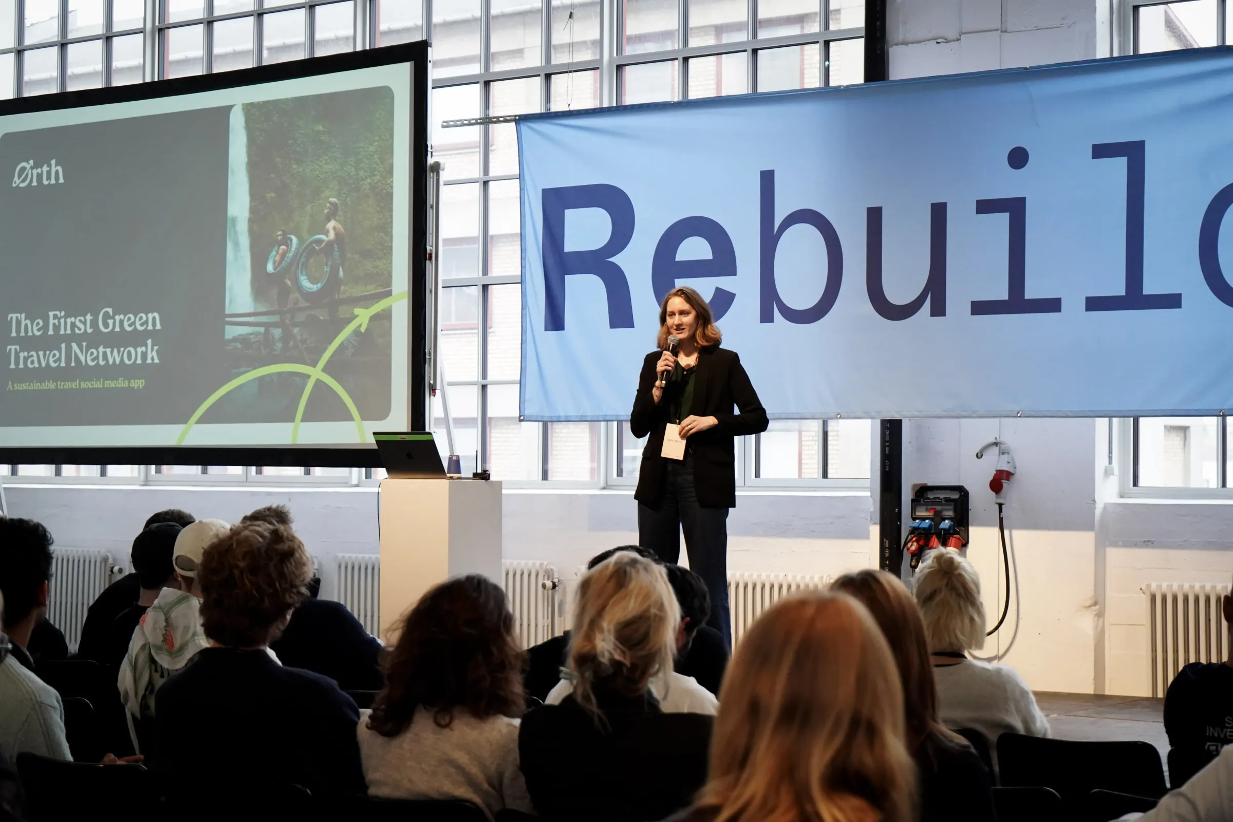 Jana Marie Bald presenting Ørth from the Rebuild 1 stage